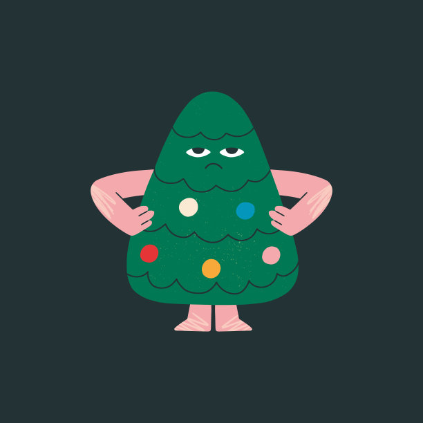 有趣的孤立的圣诞树。有笑脸的人物。卡通风格。圣诞快乐，新年概念。有手的树，有腿的树，有灯的花环。图片下载