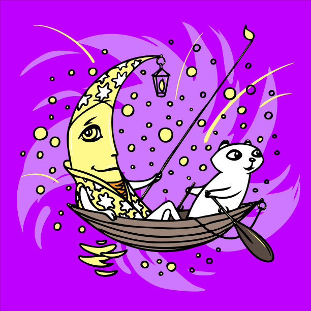 月亮和一只猫在船上图片下载