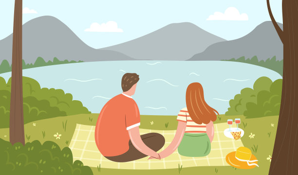在森林里野餐的幸福夫妇在毯子间图片下载
