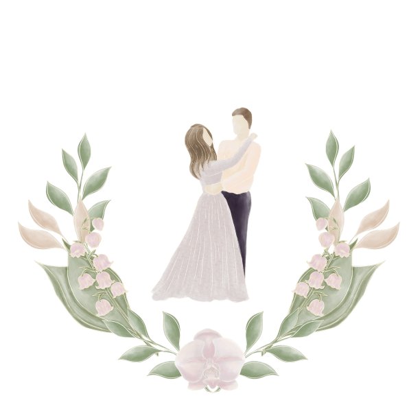 婚礼构图，一对相爱的情侣在一个用彩色花朵和树枝绘制的插图框中图片下载