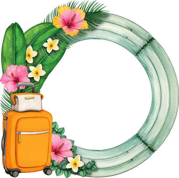 水彩木制圆形框架与热带图片下载