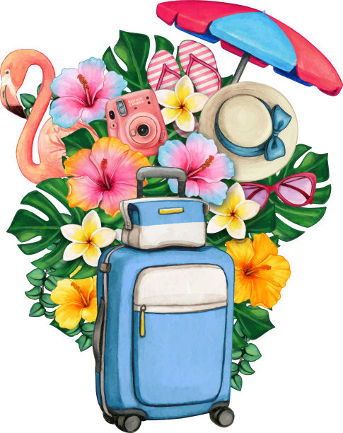 水彩画的夏天象征着行李和热带图片下载