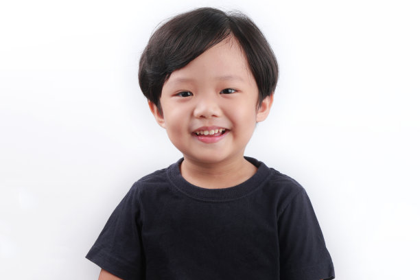亚洲小男孩面带微笑，站在白墙上图片下载