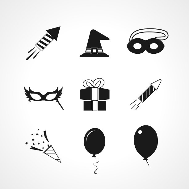 派对图标设置气球假面舞会面具礼物图片下载
