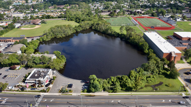 在一个阳光明媚的日子，航拍学校旁边的池塘图片下载