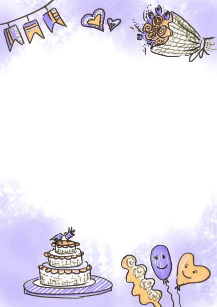 图案婚礼请柬或贺卡庆祝线艺术风格紫罗兰和白色背景的文字。用毡笔画的涂鸦。蛋糕，气球，心形符号，玫瑰花束，以及婚礼当天的祝贺插图复选框图片下载