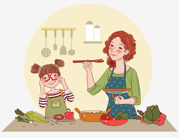 母亲和她的小女儿在厨房里准备食物。幸福家庭快乐图片下载