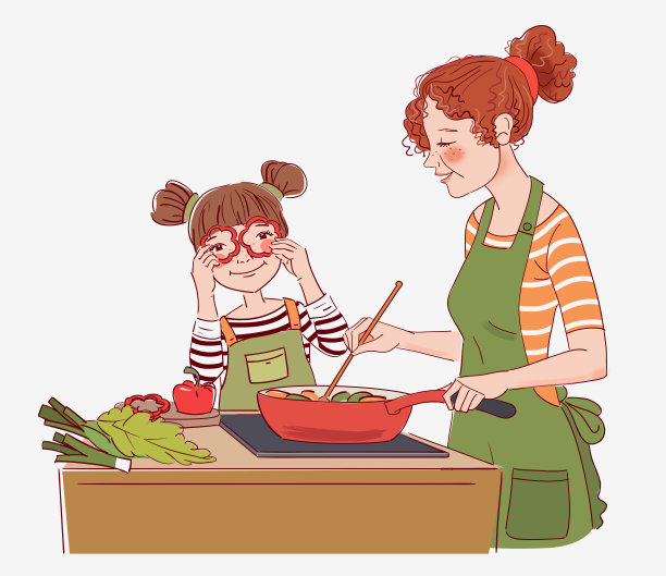 母亲和她的小女儿在厨房里准备食物。幸福家庭快乐图片下载