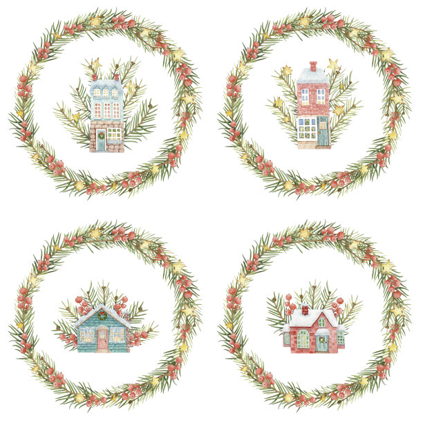 套手绘水彩圣诞花环的冷杉树枝和可爱的房子。舒适的冬季房屋构成。冬季插图贺卡，装饰，设计，剪贴簿，印刷和假日心情。图片下载