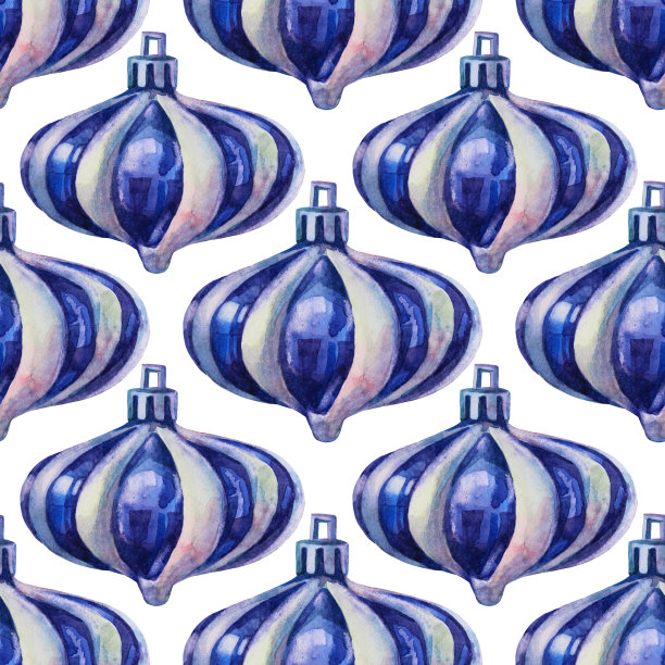 无缝图案水彩手绘蓝、白、银光闪闪的圣诞装饰球上白。创意玩具背景为新年，派对，庆祝，墙纸，包装，写生本图片下载