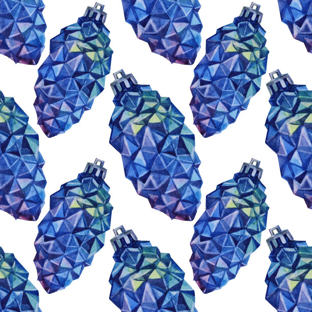 无缝图案水彩手绘冬季蓝色闪亮圣诞装饰球松果孤立在白色。创意背景为新年，派对庆祝，墙纸，包装，写生本图片下载