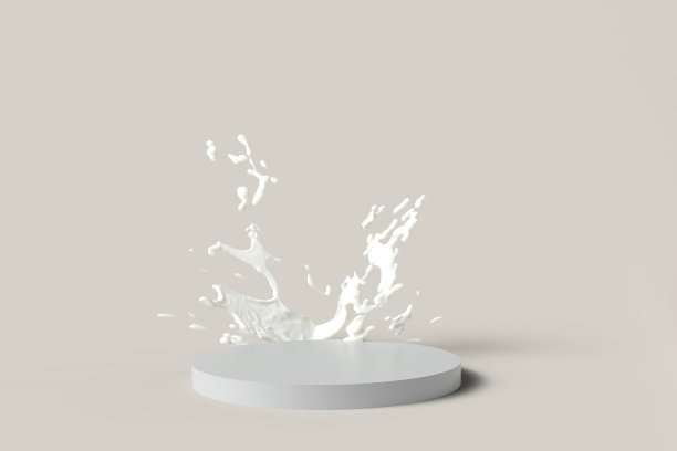 白色的讲台上溅着白色的液体。产品模型，化妆品展示。放置美容产品的基座或平台。三维渲染，三维插图。图片下载