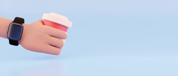 卡通手在蓝色衬衫手持纸咖啡杯孤立在白色背景。3 d渲染插图。图片下载