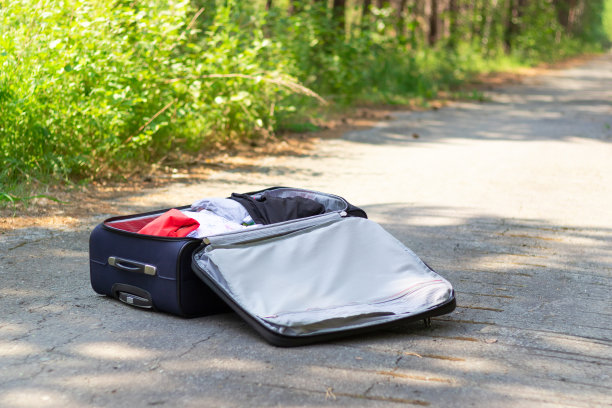 在一个夏日阳光明媚的日子里，一个开着门的箱子和一些东西躺在一条森林小路上，背景是绿色的树叶图片下载