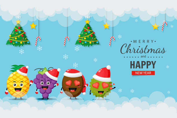 可爱的水果戴着圣诞帽快乐图片下载