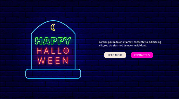墓碑上有万圣节快乐的文字霓虹灯传单。夜晚明亮的招牌。可编辑的中风。孤立的矢量图图片下载