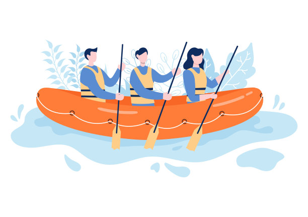 漂流背景平面卡通向量插图与人做活动在湖的中间水上运动，独木舟，坐在船和持有桨图片下载
