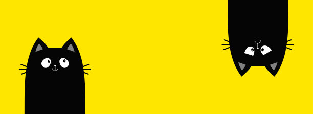 悲伤快乐黑猫脸头。猫集线横幅。挂倒了。有趣可爱的卡哇伊卡通婴儿角色。笔记本不干胶打印模板。万圣节快乐。平面设计。黄色背景图片下载