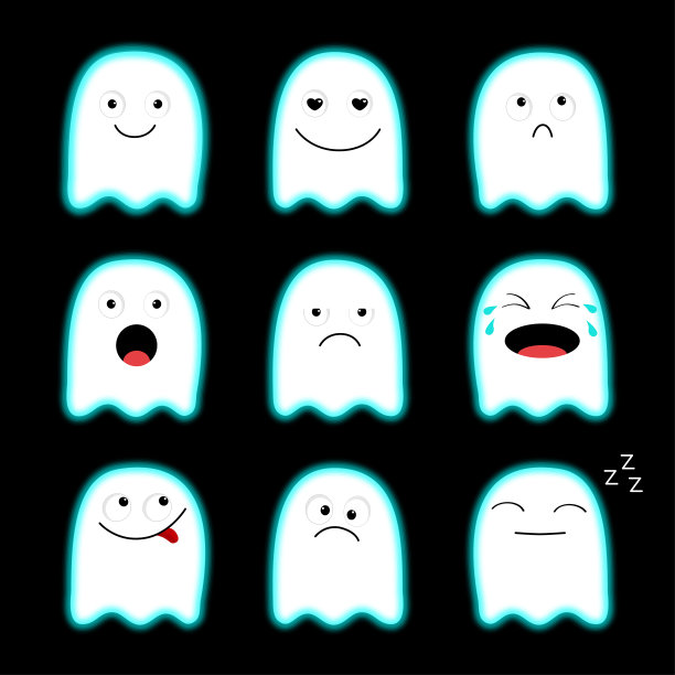 可爱的幽灵。Emoji图标。万圣节快乐。表情符号。有趣的卡哇伊卡通人物。可怕的白色发光的鬼魂。氖蓝色的效果。情感的集合。平面设计。黑色背景图片下载