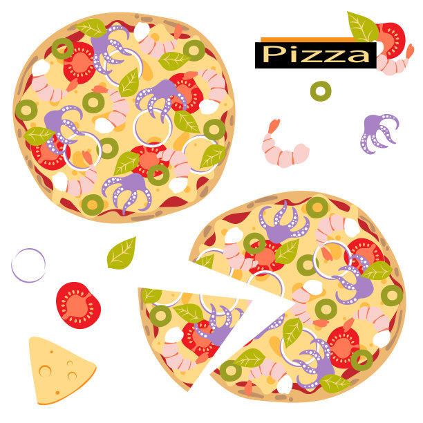 切片和全披萨配海鲜。虾，章鱼，番茄，奶酪，罗勒和橄榄。平的风格。意大利菜。图片下载