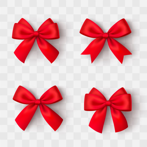 现实的红色蝴蝶结。圣诞节闪亮的红缎带。新年礼物。装饰红色缎带和蝴蝶结的阴影在透明的背景-股票向量。图片下载