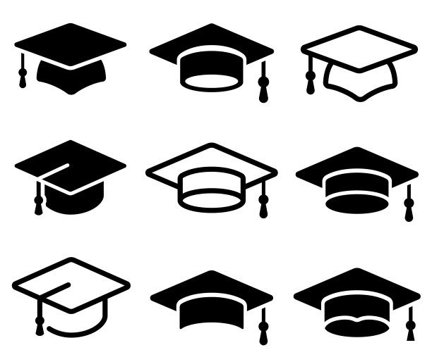 毕业帽帽图标设置。学位帽。毕业学生黑色的学位帽和文凭-股票向量。图片下载