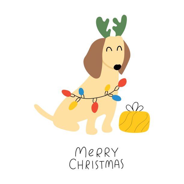 圣诞快乐。戴着鹿角、裹着花环的腊肠狗。图片下载