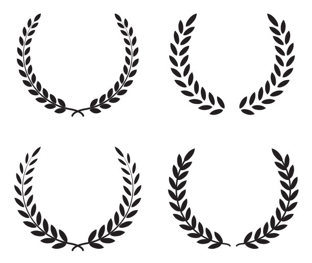 设置黑色剪影圆形月桂叶，小麦和橡木花环描绘一个奖项，成就，纹章，贵族在白色背景。徽花希腊分枝平坦的风格-股票向量。图片下载