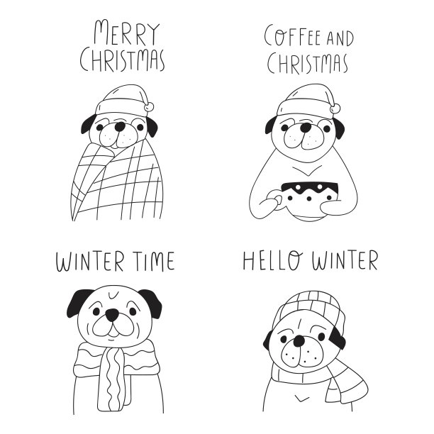 一套可爱的狗。圣诞快乐。冬天，你好，冬天。图片下载