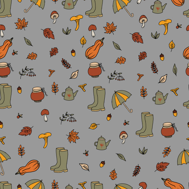 手绘涂鸦秋季插画矢量素材：丰收节、秋季派对邀请banner、感恩节贺卡装饰、雨伞、靴子、蘑菇和树叶图片下载