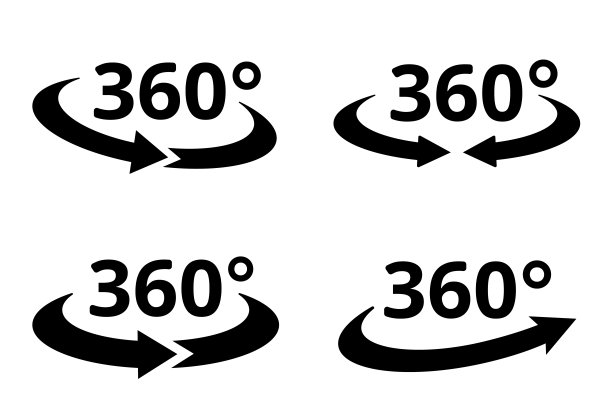 360度视图图标设置。角度360度图标。虚拟现实图标。旋转符号平面样式-股票向量。图片下载