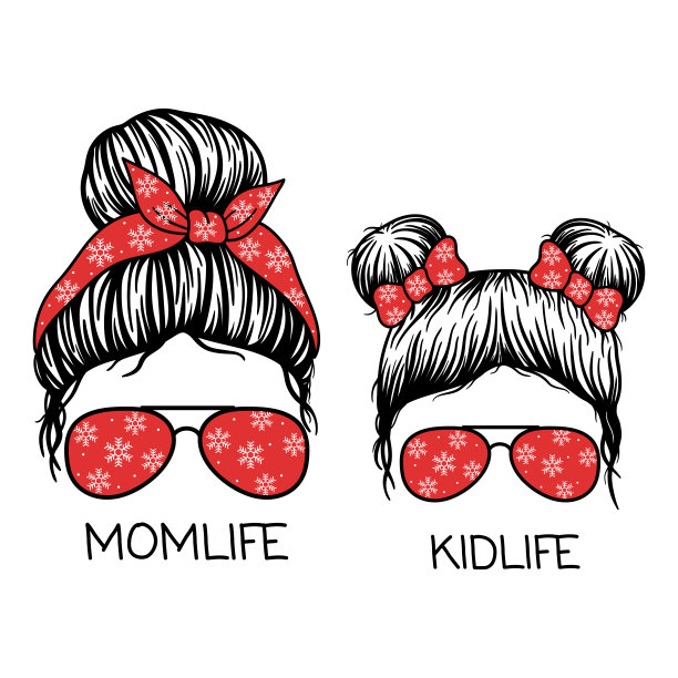 圣诞节妈妈。女人脸和女孩脸与飞行员眼镜，大手帕和雪花印。凌乱的小丸子妈妈的生活方式。凌乱的发髻女孩的生活方式。矢量插图。图片下载