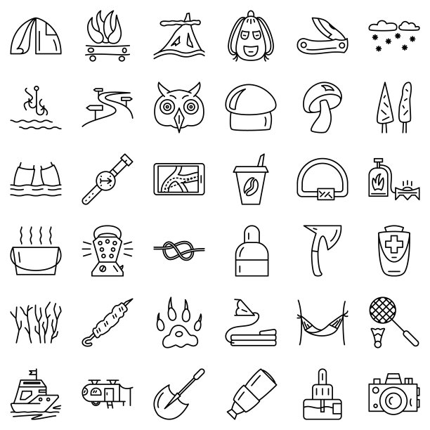 旅游，户外旅游，积极的生活方式，露营，旅游工具。一组矢量图标，轮廓，孤立，48x48像素。图片下载