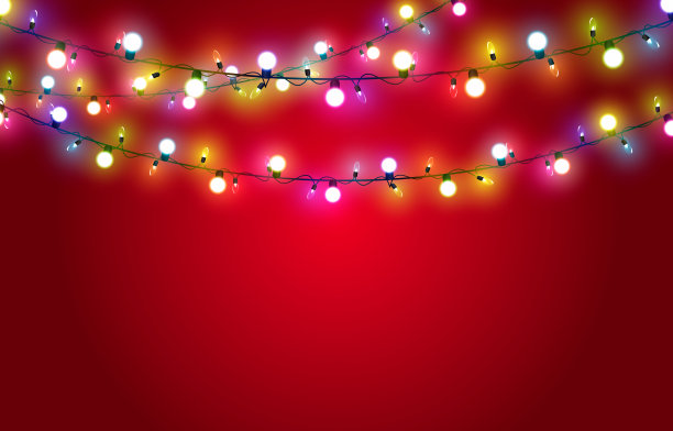 向量圣诞花环上的红色背景。灯光，灯光花环，五彩缤纷的灯光。圣诞装饰品。图片下载