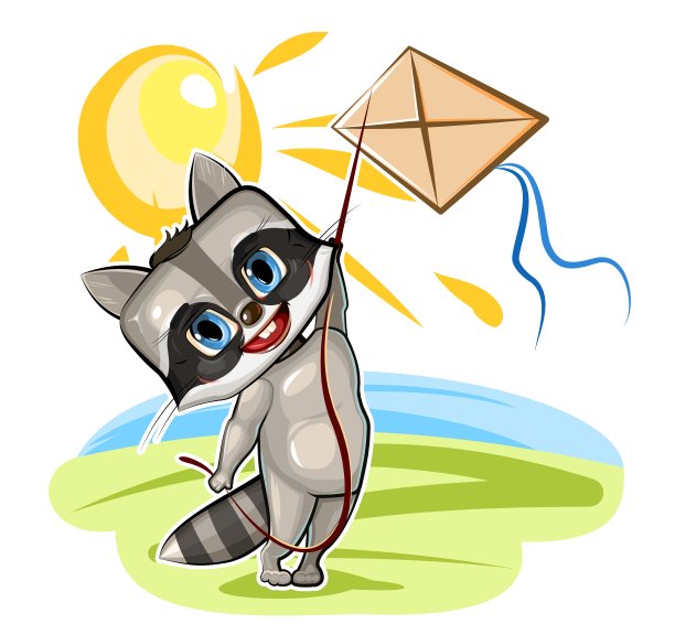 一只小浣熊在放风筝。童年最喜欢的游戏。卡通风格的年轻。矢量分离在白色背景上。一个可爱的宝宝图片下载