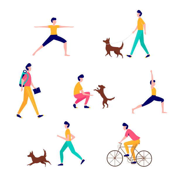 年轻人做不同的户外活动:跑步，瑜伽，骑自行车，遛狗，旅行。平面风格的插图。积极健康的生活方式。图片下载