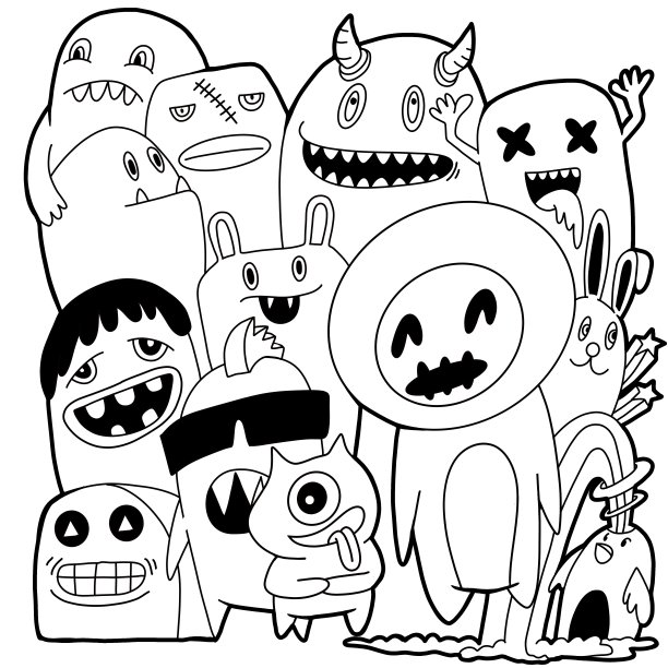 有趣的怪物无缝的图画书图案。黑白背景。插图图片下载