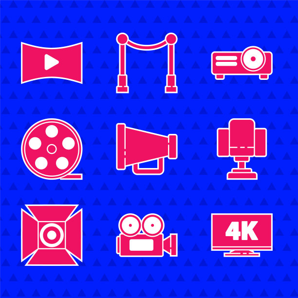设置扩音器，电影院摄像机，屏幕电视与4k，导演电影椅子，电影聚光灯，电影卷轴，电影，电影，媒体投影仪和在线播放视频图标。向量图片下载