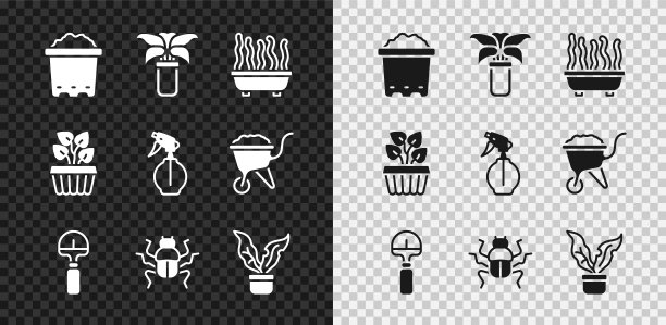 设置花盆与土壤，异域热带植物在花盆，植物，铲子，甲虫甲虫，室内常春藤和水喷雾瓶图标。向量图片下载