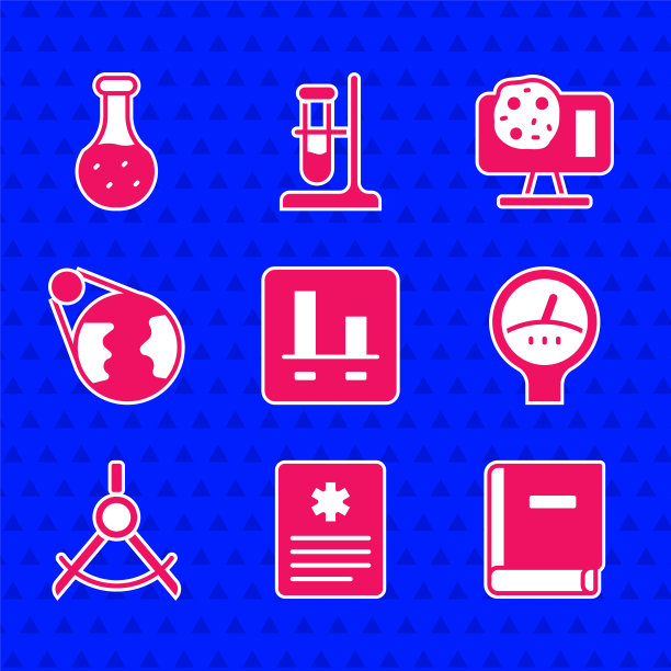 图表信息图、病人记录、科学书籍、仪表刻度、绘图罗盘、地球仪、基因工程和试管图标矢量素材图片下载