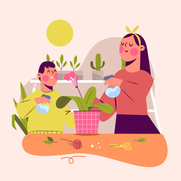 平的人照顾植物设置矢量插图图片下载