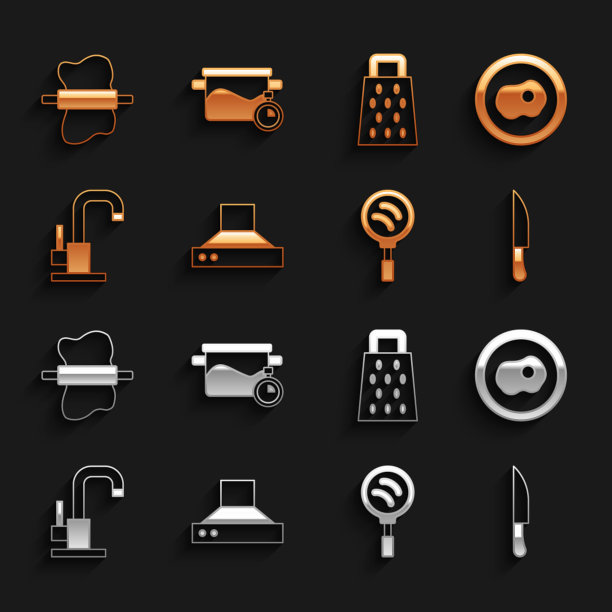 设置厨房风扇，炒鸡蛋，刀，煎锅，水龙头，刨丝器，面团擀面杖和锅图标。向量图片下载