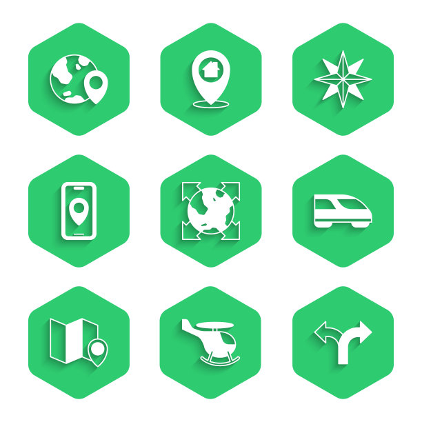 世界地图、指南针、直升机、交通标志、高铁、地图标记、城市导航、风向标和定位图标矢量图图片下载