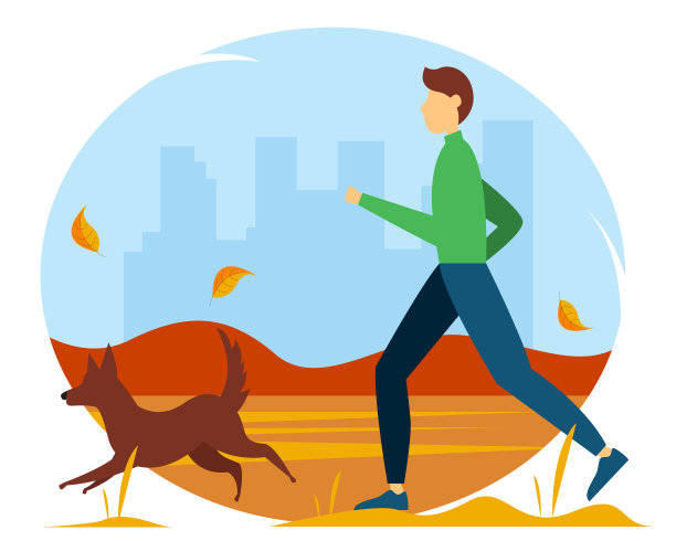 一个人和狗在公园里奔跑。可爱的平面风格的秋季插图。图片下载