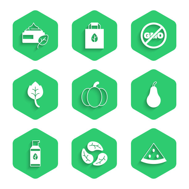 南瓜、树叶、西瓜、梨、有机化妆品和非转基因图标矢量图图片下载