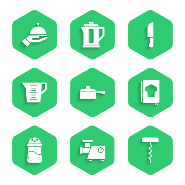 设置煎锅，厨房绞肉机，葡萄酒瓶塞，食谱，盐，量杯，刀和覆盖托盘图标。向量图片下载