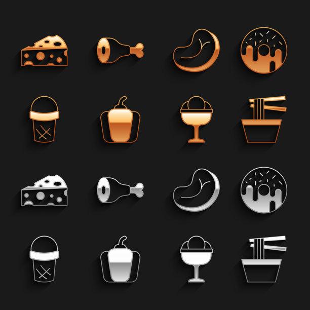 甜椒、甜甜圈、亚洲面条、冰淇淋、华夫饼、牛排、奶酪和鸡腿图标矢量素材图片下载