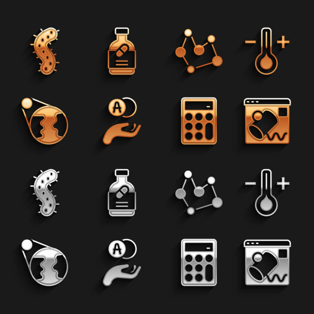 原子、温度计、数据可视化、计算器、地球仪、化学式、病毒和药瓶药丸图标矢量素材图片下载
