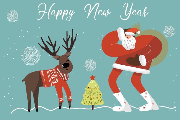 圣诞贺卡上，圣诞老人又用一只小鹿放在圣诞树旁，题写着新年快乐。图片下载