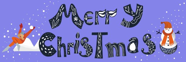 圣诞节的旗帜上有女孩在雪地里，雪人和写着圣诞快乐。图片下载